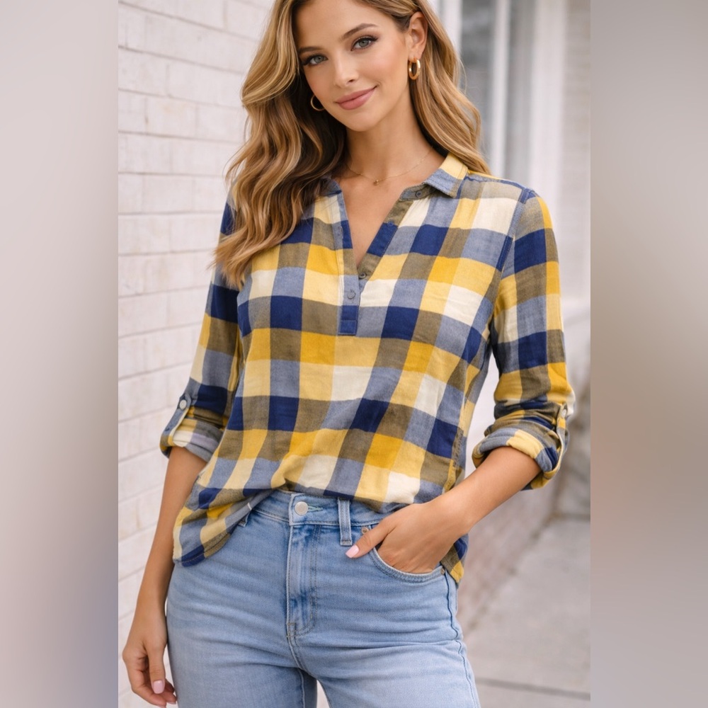 Calvin Klein Jeans  Yellow and Blue Plaid Shirt Size Medium A45